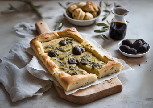 Focaccia à l’huile d’olive de Nyons, tartinade d’olives et truffe